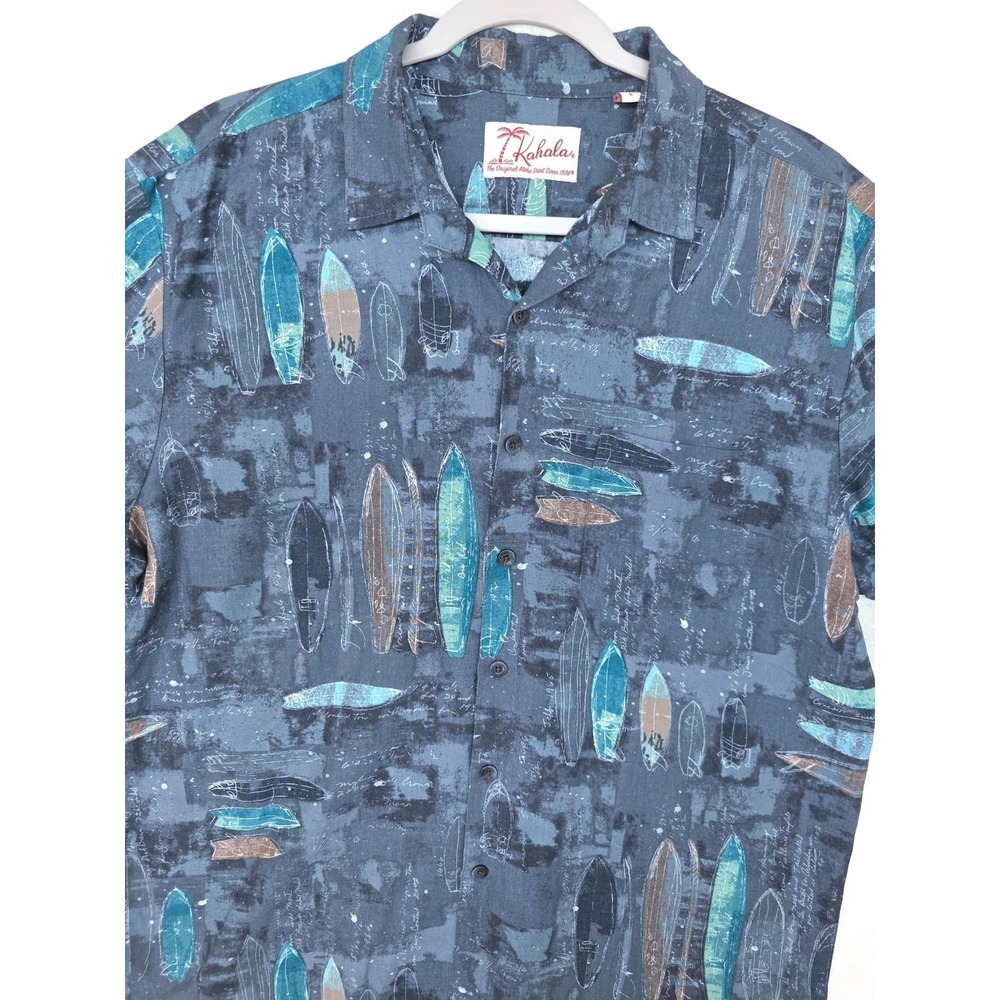 Kahala Shirt Mens Large Blue Surfboard Hawaiian Short Sleeve Button Front Aloha